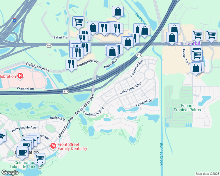 map of restaurants, bars, coffee shops, grocery stores, and more near 231 Goldenrain Drive in Kissimmee