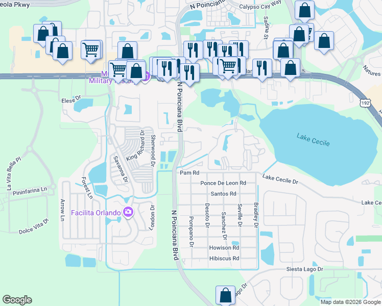 map of restaurants, bars, coffee shops, grocery stores, and more near 2749 North Poinciana Boulevard in Kissimmee