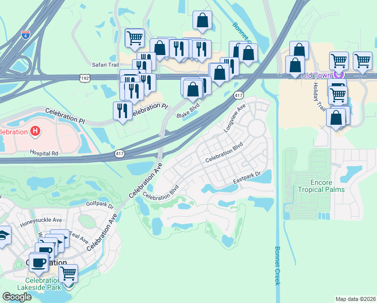 map of restaurants, bars, coffee shops, grocery stores, and more near 229 Longview Avenue in Celebration