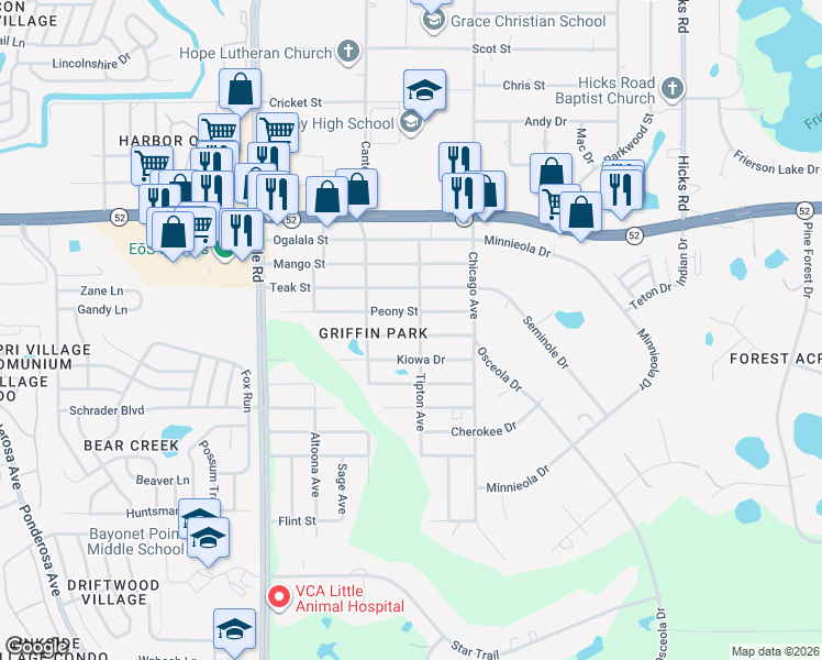 map of restaurants, bars, coffee shops, grocery stores, and more near 9320 Peony Street in New Port Richey