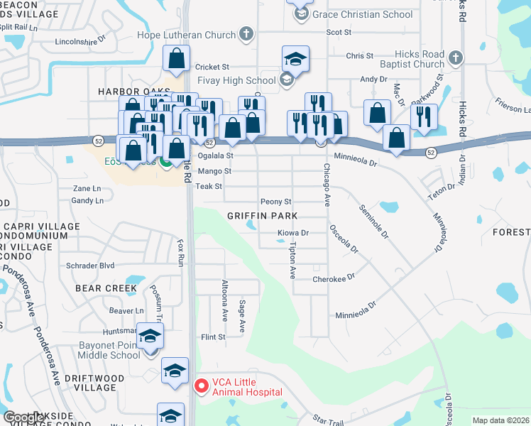 map of restaurants, bars, coffee shops, grocery stores, and more near 9230 Peony Street in New Port Richey