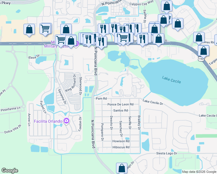 map of restaurants, bars, coffee shops, grocery stores, and more near 2739 North Poinciana Boulevard in Kissimmee