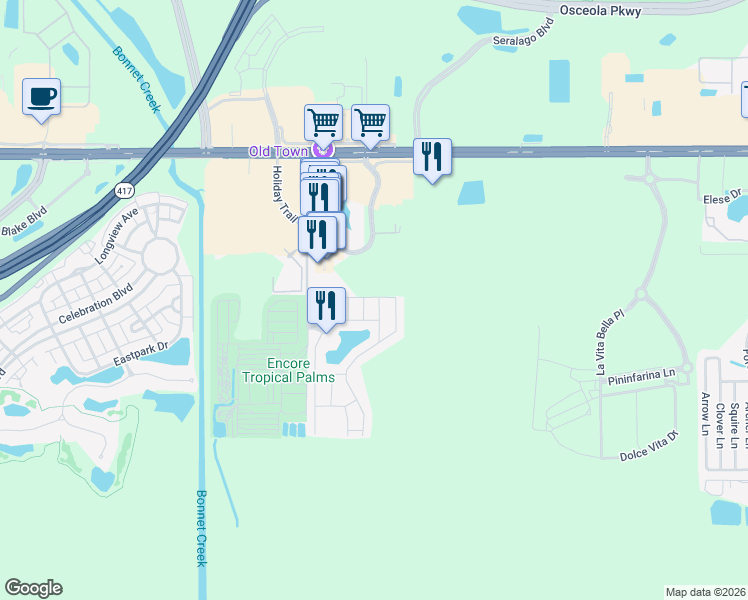 map of restaurants, bars, coffee shops, grocery stores, and more near 2780 Corvette Lane in Kissimmee