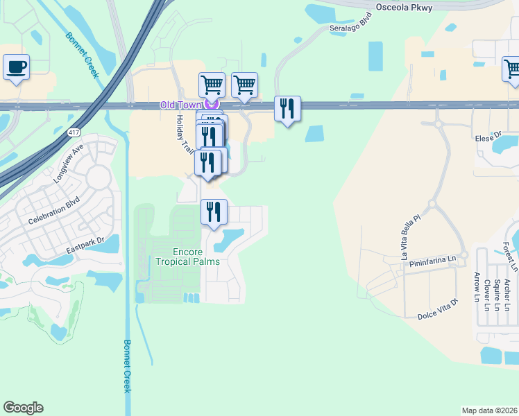 map of restaurants, bars, coffee shops, grocery stores, and more near 2780 Corvette Lane in Kissimmee