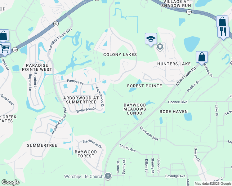 map of restaurants, bars, coffee shops, grocery stores, and more near 11920 Palm Bay Court in New Port Richey