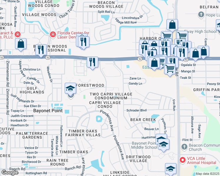 map of restaurants, bars, coffee shops, grocery stores, and more near 8425 James Joseph Way in Port Richey