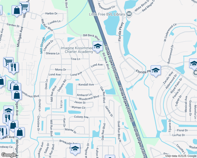 map of restaurants, bars, coffee shops, grocery stores, and more near 2665 Oak Run Boulevard in Kissimmee