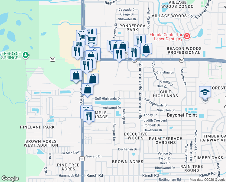 map of restaurants, bars, coffee shops, grocery stores, and more near 7225 Seashore Drive in Port Richey