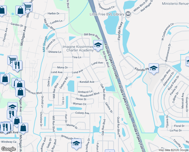 map of restaurants, bars, coffee shops, grocery stores, and more near 2681 Black Oak Lane in Kissimmee