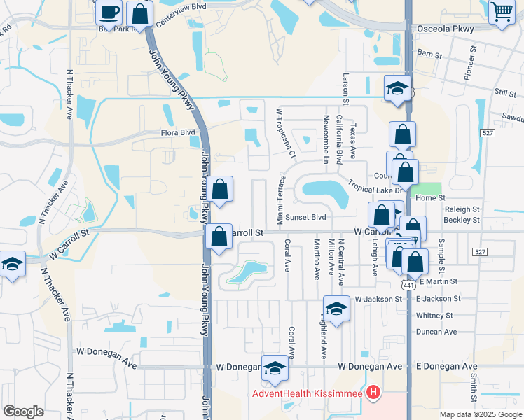 map of restaurants, bars, coffee shops, grocery stores, and more near 2712 Green Meadow Circle in Kissimmee