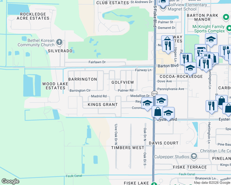 map of restaurants, bars, coffee shops, grocery stores, and more near 1041 Palmer Road in Rockledge