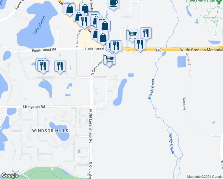 map of restaurants, bars, coffee shops, grocery stores, and more near 7503 Pellham Way in Kissimmee