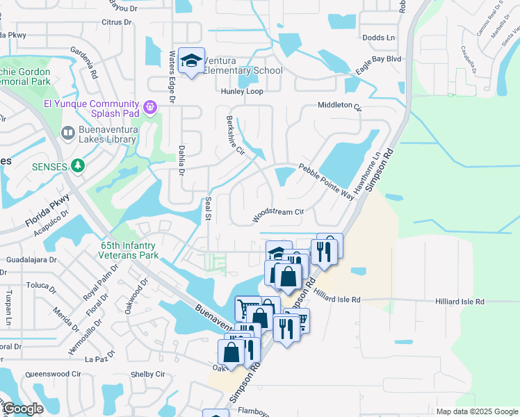 map of restaurants, bars, coffee shops, grocery stores, and more near 2764 Woodstream Circle in Kissimmee