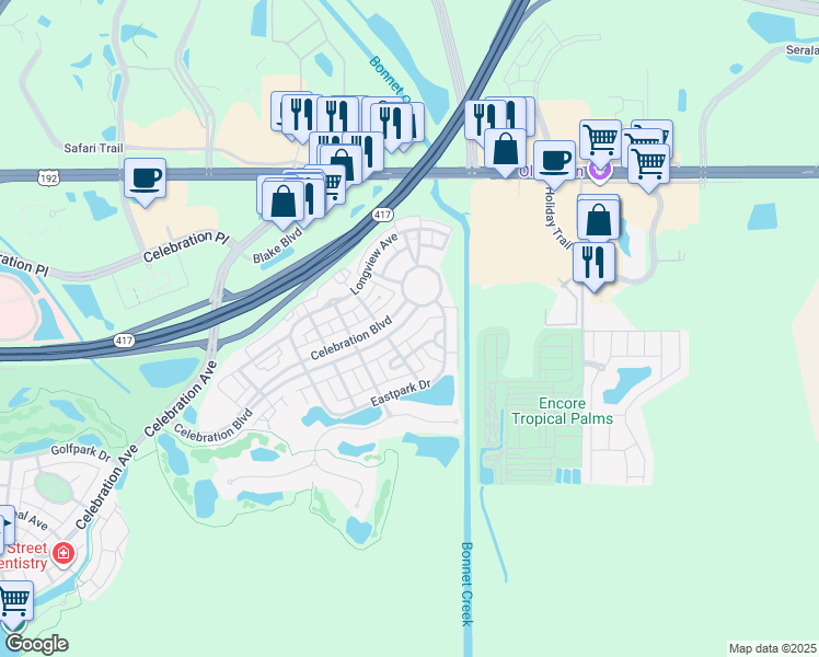 map of restaurants, bars, coffee shops, grocery stores, and more near 125 Celebration Boulevard in Kissimmee