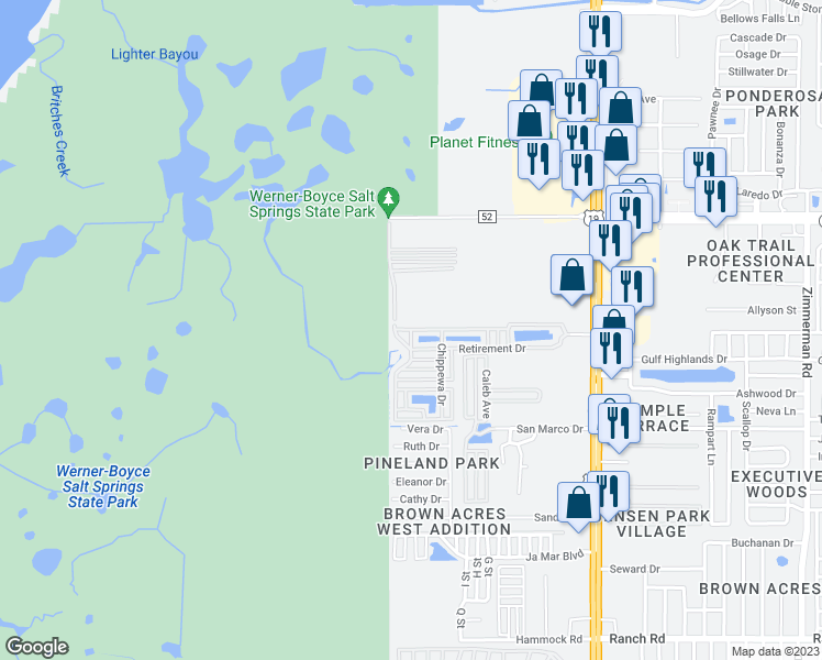 map of restaurants, bars, coffee shops, grocery stores, and more near 11701 Imlay Street in Port Richey