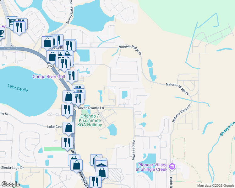 map of restaurants, bars, coffee shops, grocery stores, and more near 2756 Club Cortile Circle in Kissimmee
