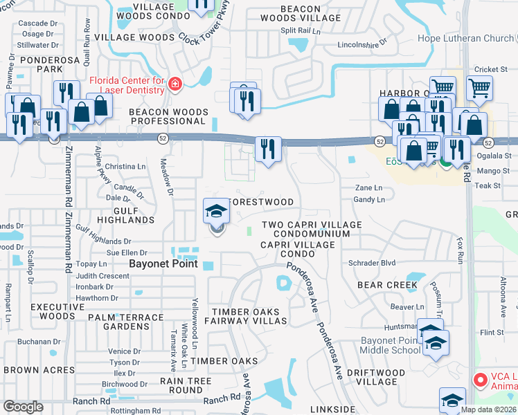 map of restaurants, bars, coffee shops, grocery stores, and more near 11702 Harvest Moon Lane in Port Richey