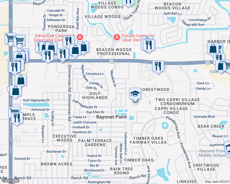 map of restaurants, bars, coffee shops, grocery stores, and more near 11715 Meadow Drive in Port Richey