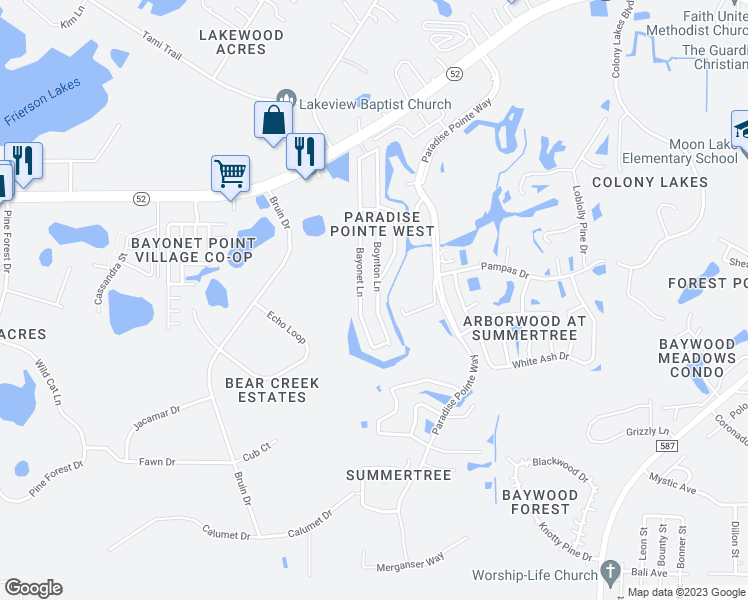 map of restaurants, bars, coffee shops, grocery stores, and more near 11707 Boynton Ln in New Port Richey