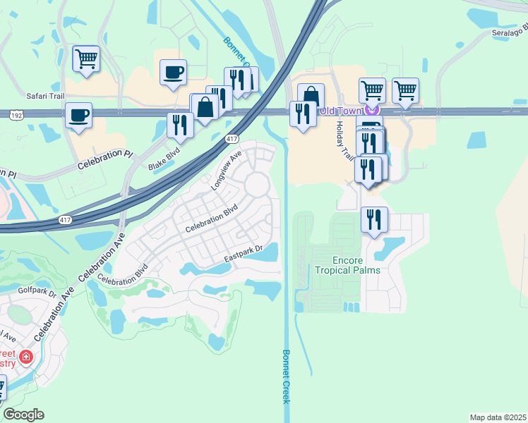map of restaurants, bars, coffee shops, grocery stores, and more near 105 Eastpark Crescent in Kissimmee