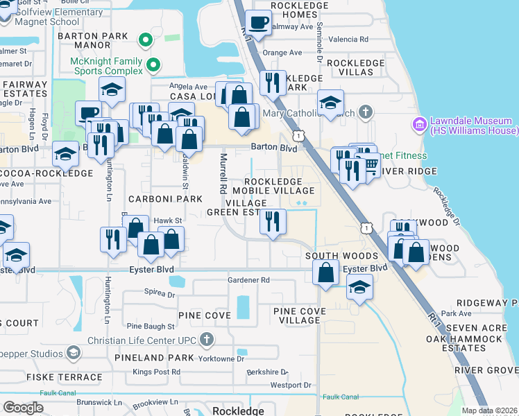 map of restaurants, bars, coffee shops, grocery stores, and more near 1315 Shannon Court in Rockledge