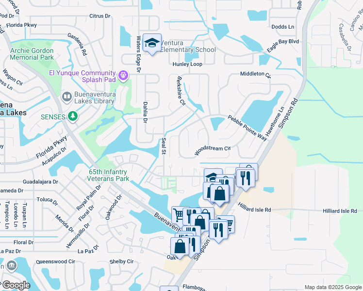 map of restaurants, bars, coffee shops, grocery stores, and more near 2734 Woodstream Circle in Kissimmee