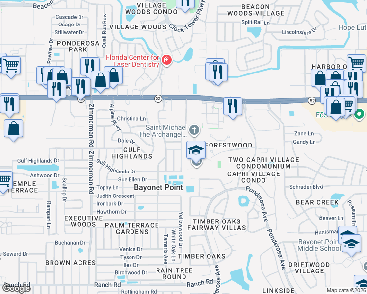 map of restaurants, bars, coffee shops, grocery stores, and more near 11710 Paige Drive in Port Richey