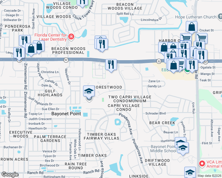 map of restaurants, bars, coffee shops, grocery stores, and more near 11714 Spring Tree Lane in Port Richey