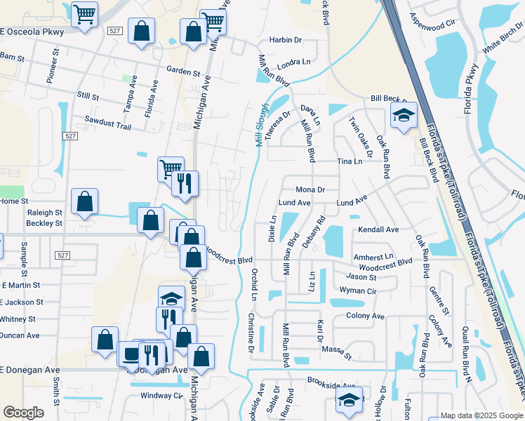 map of restaurants, bars, coffee shops, grocery stores, and more near 2724 Orchid Lane in Kissimmee