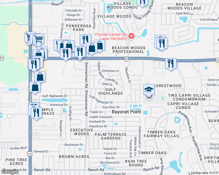 map of restaurants, bars, coffee shops, grocery stores, and more near 7639 Seashore Drive in Port Richey