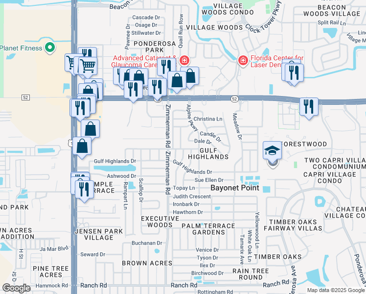 map of restaurants, bars, coffee shops, grocery stores, and more near 11714 Newell Drive in Port Richey