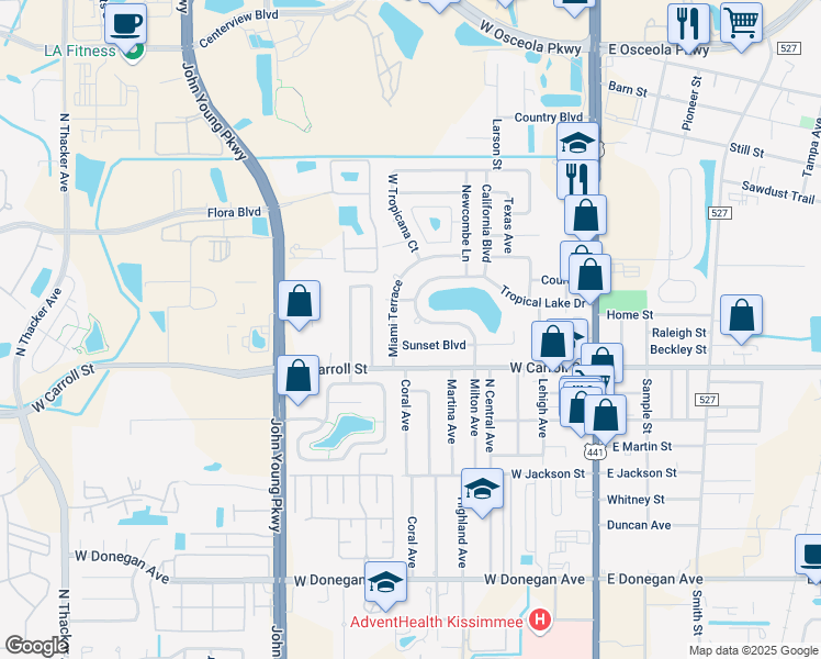 map of restaurants, bars, coffee shops, grocery stores, and more near 2728 Tropical Lake Drive in Kissimmee