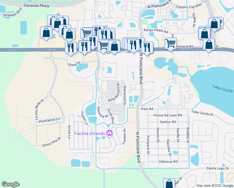 map of restaurants, bars, coffee shops, grocery stores, and more near 486 King Richard Drive in Kissimmee