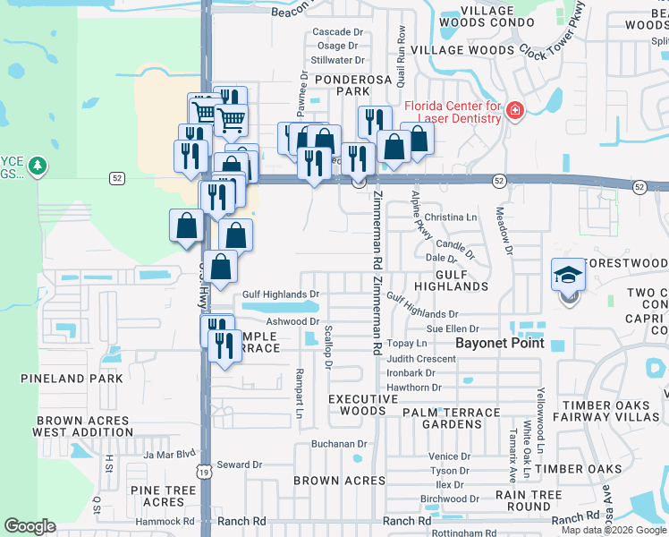 map of restaurants, bars, coffee shops, grocery stores, and more near 7319 Seashore Drive in Port Richey