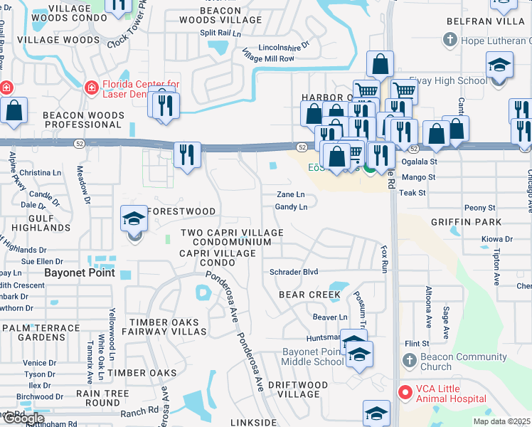 map of restaurants, bars, coffee shops, grocery stores, and more near 11714 Nature Trail in Port Richey