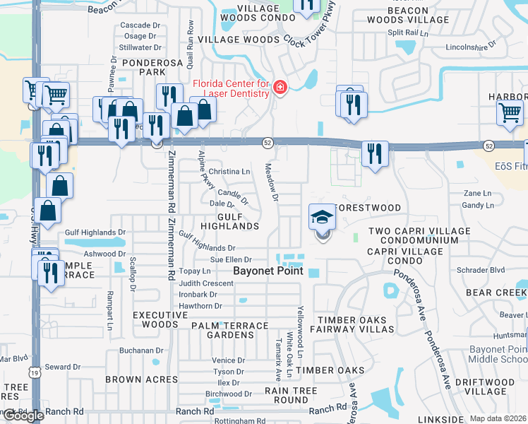 map of restaurants, bars, coffee shops, grocery stores, and more near 11712 Oceanside Drive in Port Richey