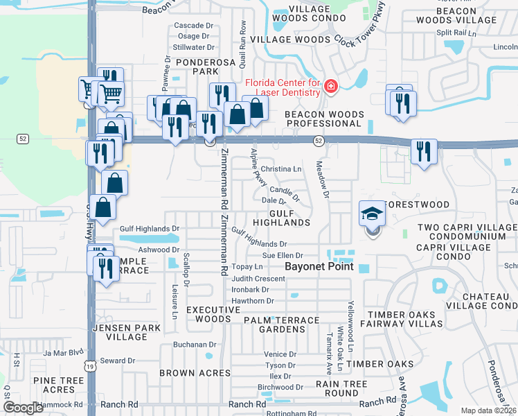 map of restaurants, bars, coffee shops, grocery stores, and more near 7609 Seashore Drive in Port Richey