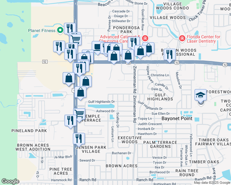 map of restaurants, bars, coffee shops, grocery stores, and more near 7315 Seashore Drive in Port Richey