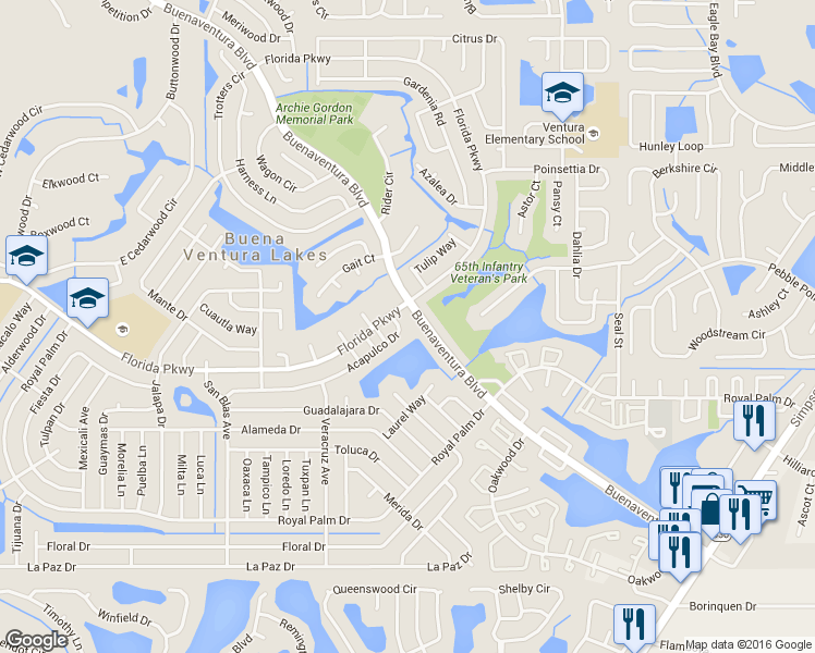 map of restaurants, bars, coffee shops, grocery stores, and more near 176 Acapulco Drive in Kissimmee