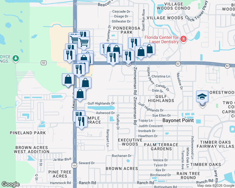 map of restaurants, bars, coffee shops, grocery stores, and more near 7319 Seashore Drive in Port Richey