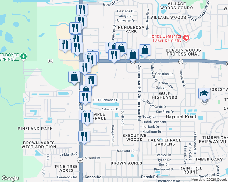 map of restaurants, bars, coffee shops, grocery stores, and more near 7225 Seashore Drive in Port Richey