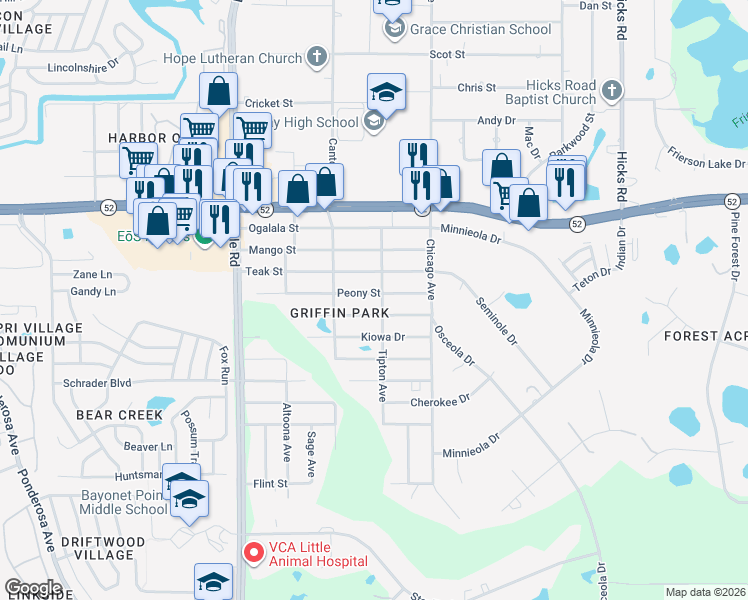map of restaurants, bars, coffee shops, grocery stores, and more near 9320 Peony Street in New Port Richey