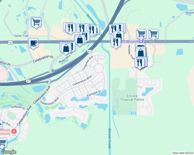map of restaurants, bars, coffee shops, grocery stores, and more near 125 Celebration Boulevard in Kissimmee