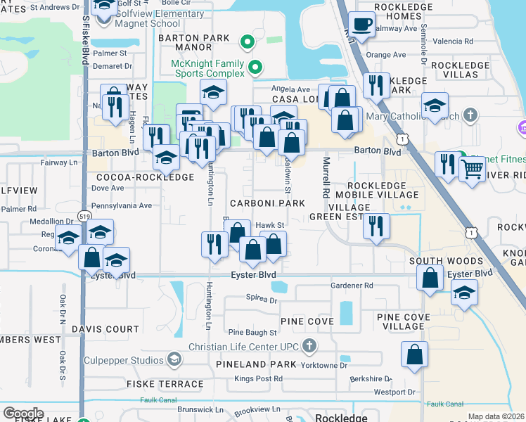 map of restaurants, bars, coffee shops, grocery stores, and more near 413 Pennsylvania Avenue in Rockledge