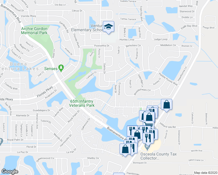 map of restaurants, bars, coffee shops, grocery stores, and more near 138 Hollyhock Court in Kissimmee