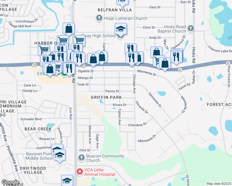 map of restaurants, bars, coffee shops, grocery stores, and more near 9320 Peony Street in New Port Richey