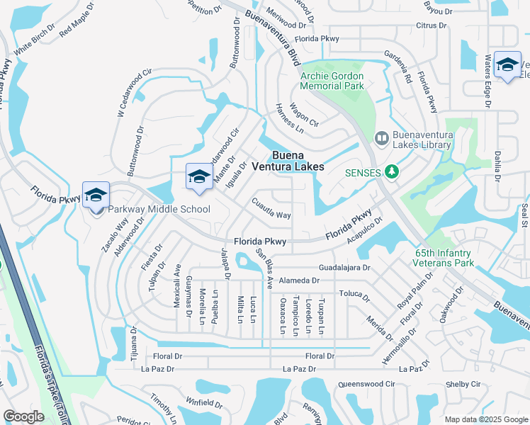 map of restaurants, bars, coffee shops, grocery stores, and more near 124 Cuautla Way in Kissimmee