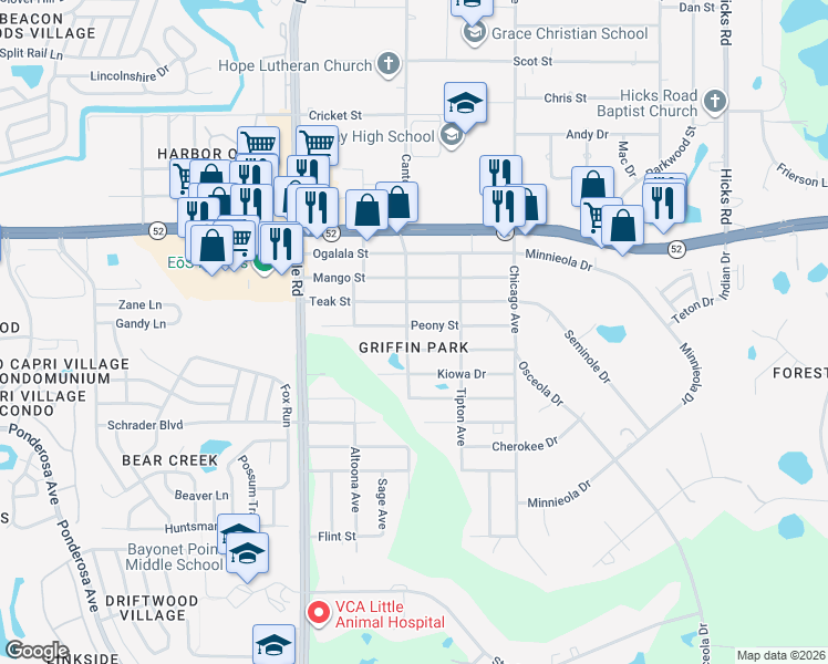 map of restaurants, bars, coffee shops, grocery stores, and more near 9230 Peony Street in New Port Richey