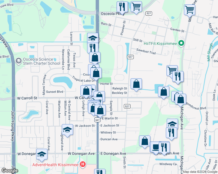map of restaurants, bars, coffee shops, grocery stores, and more near 2738 Sample Street in Kissimmee
