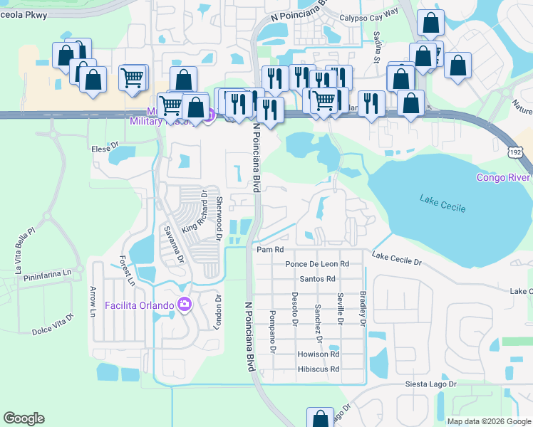 map of restaurants, bars, coffee shops, grocery stores, and more near 2749 North Poinciana Boulevard in Kissimmee